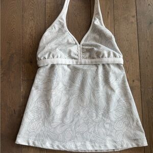 Vintage Lululemon White and Gray Halter Sports Top with Swirl Pattern
